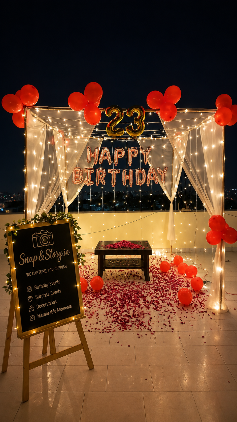Elegant terrace birthday arch decor at night, with balloons and fairy lights