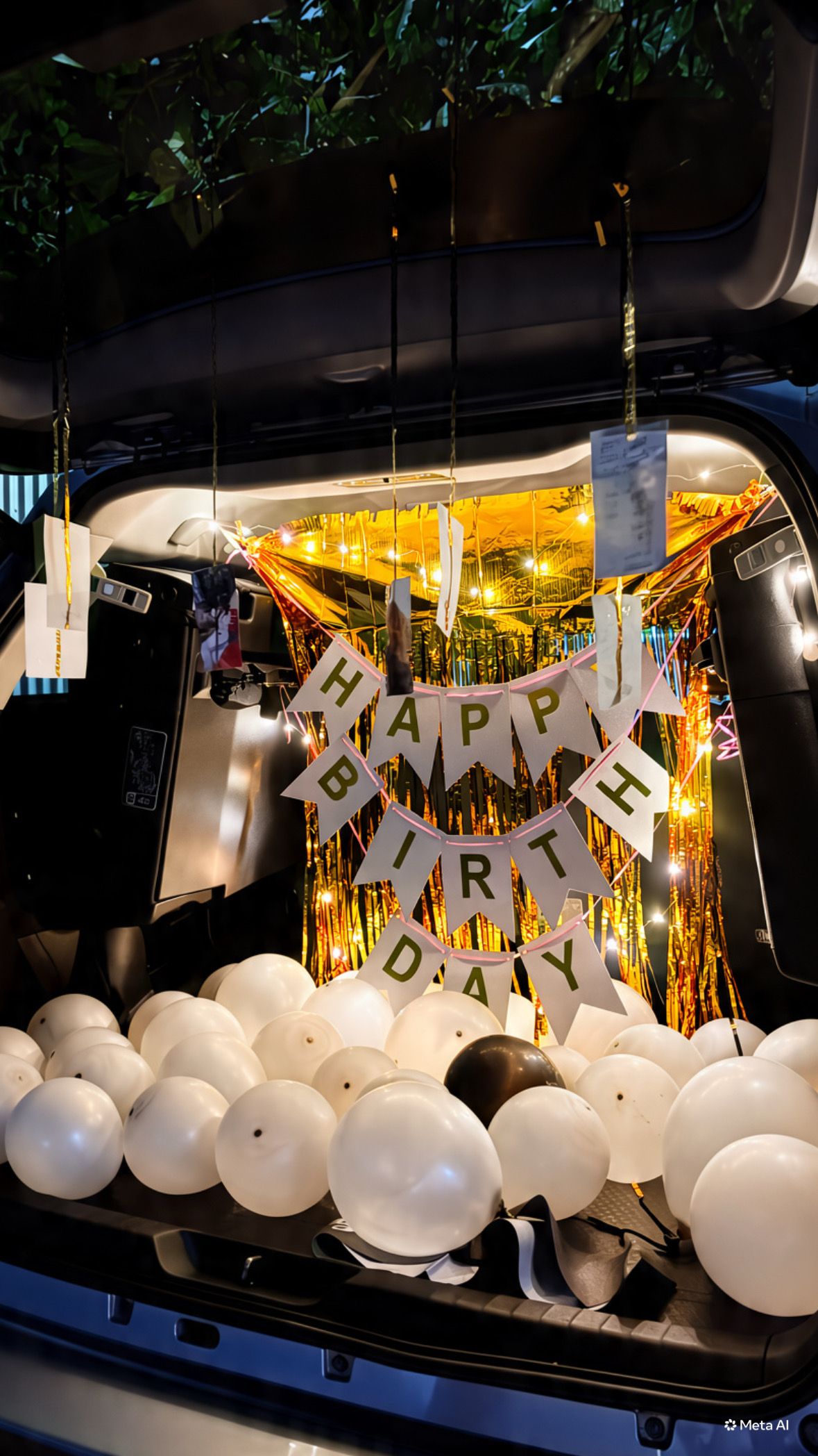 Car boot decorated with balloons, a happy birthday banner and fairy lights