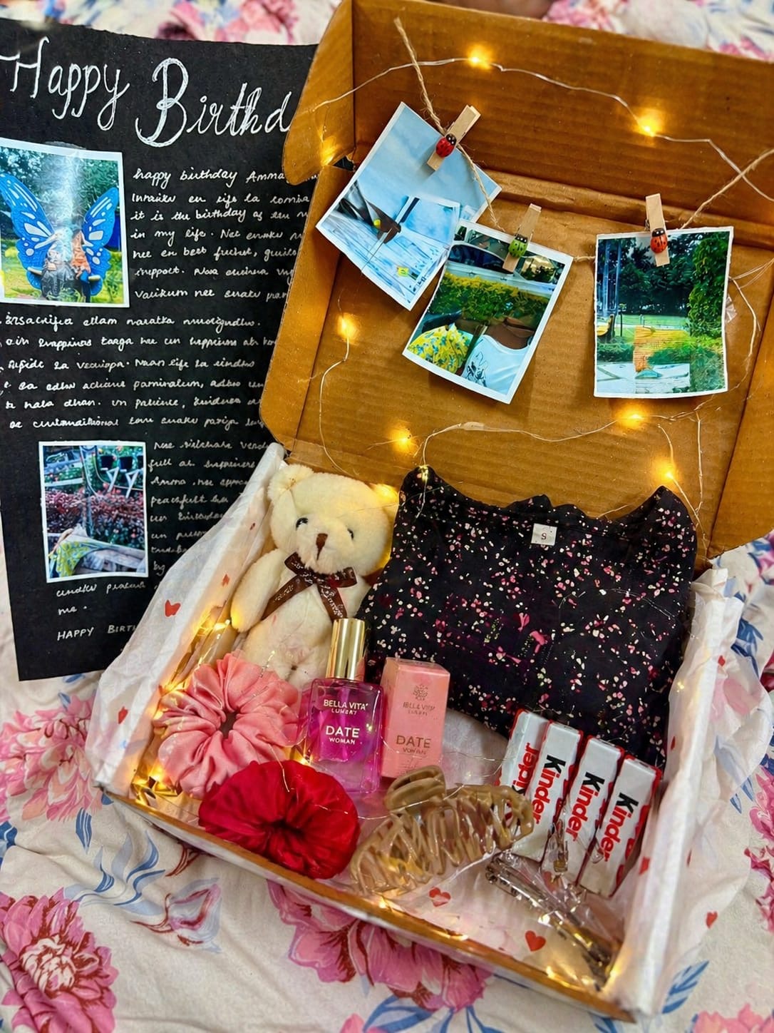 Customised birthday gift box with a teddy bear, perfume, photos, hair accessories and chocolates